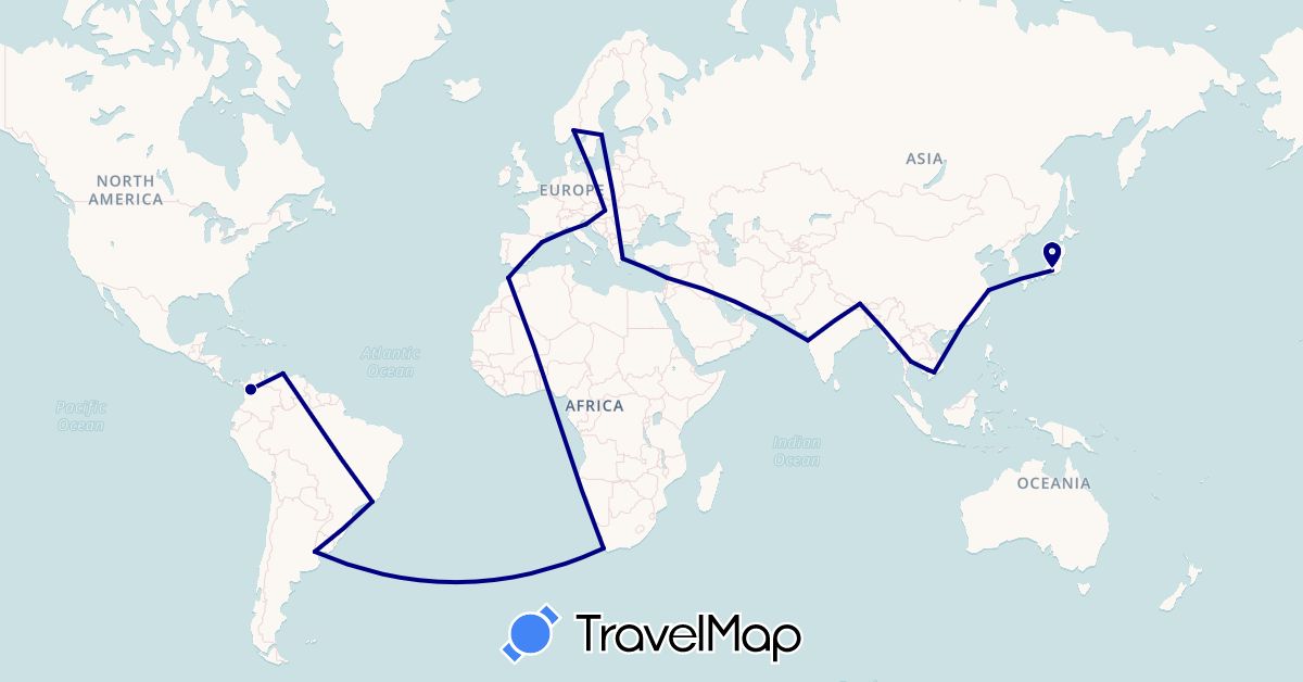 TravelMap itinerary: driving in Argentina, Brazil, China, Colombia, Spain, Greece, Croatia, Hungary, India, Japan, Cambodia, Lebanon, Morocco, Norway, Nepal, Sweden, Thailand, Venezuela, Vietnam, South Africa (Africa, Asia, Europe, South America)
